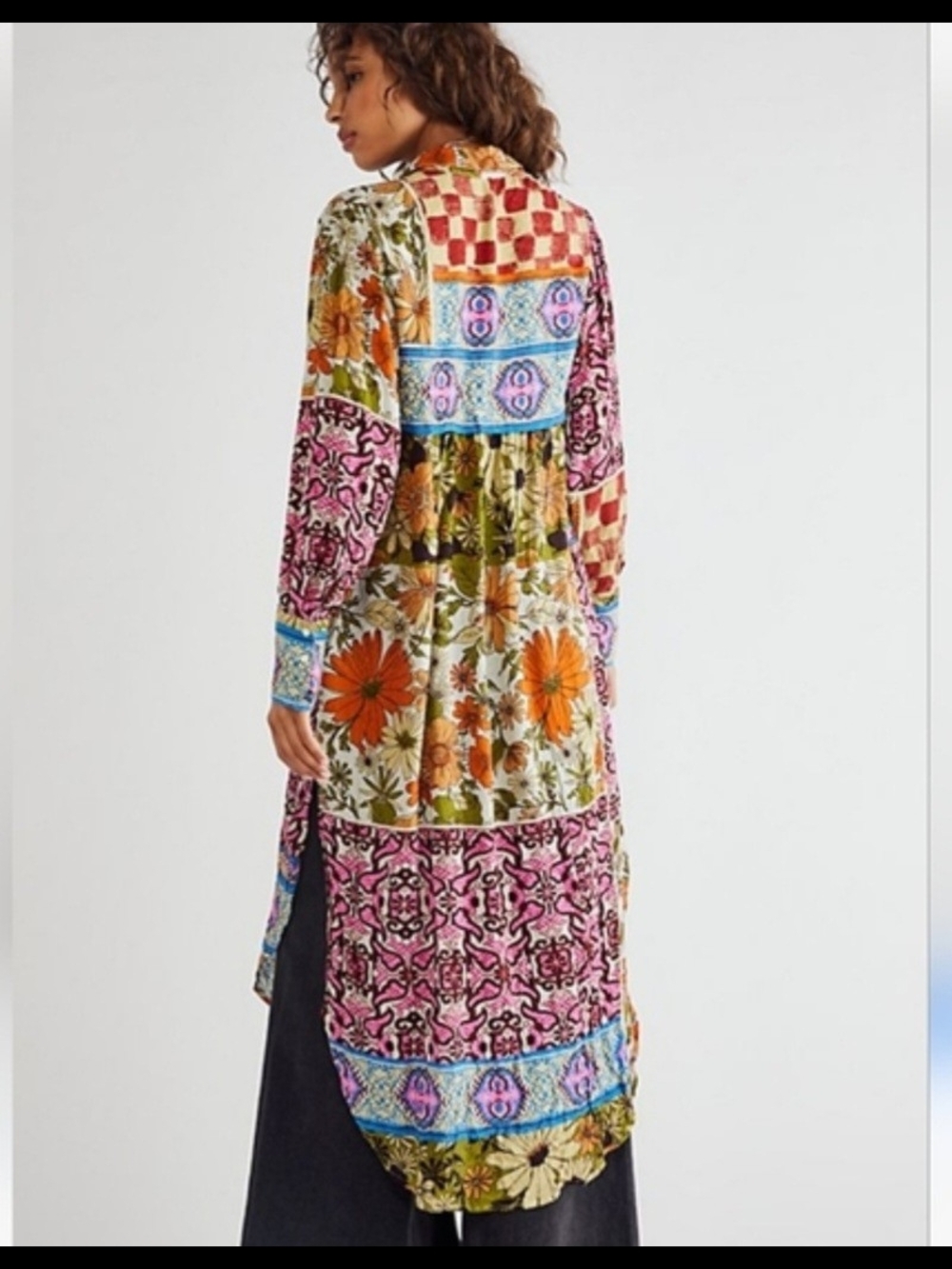 Free People Jackie Maxi Shirt Dress S Patchwork Floral Checkerboard Button Front - Picture 5 of 12